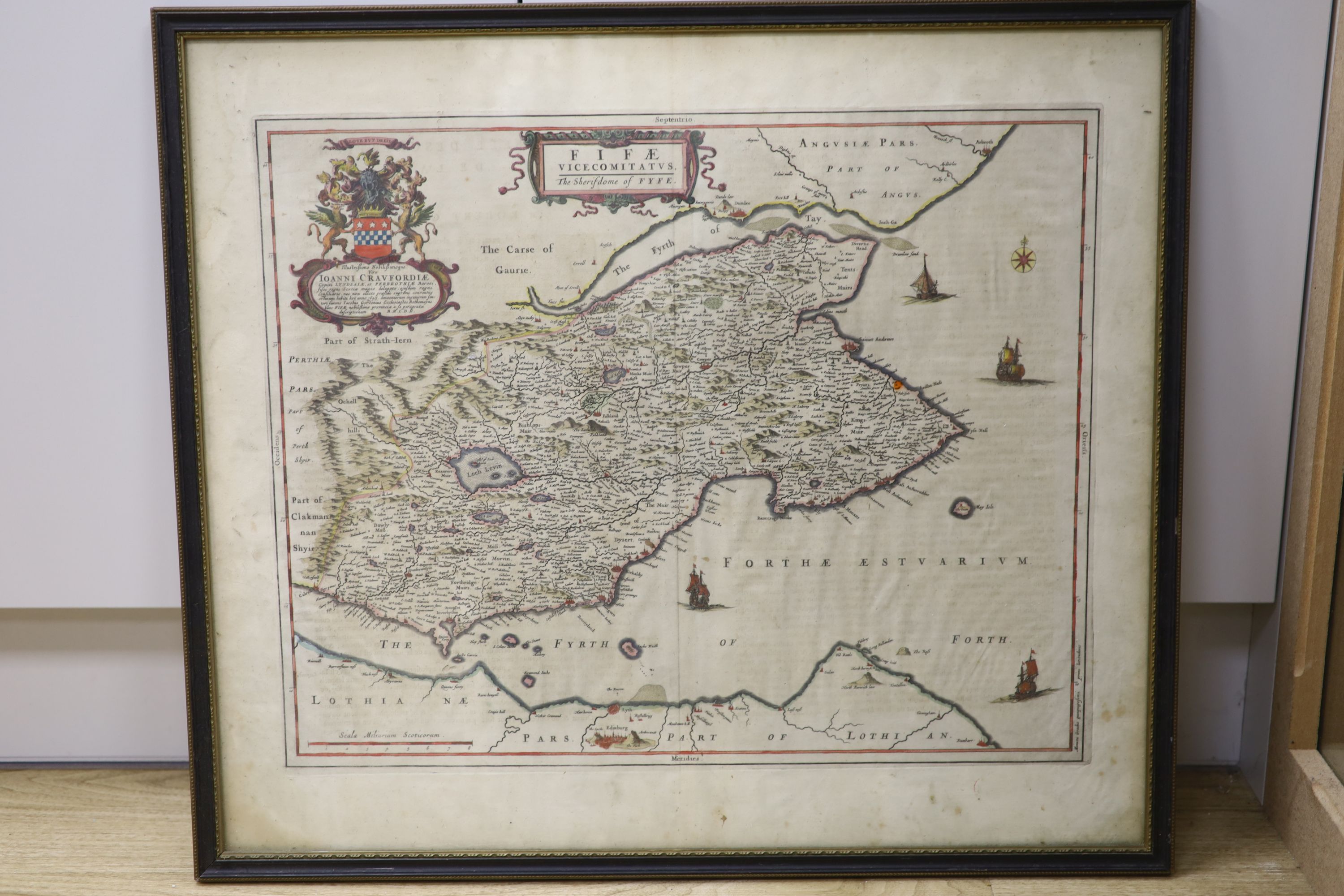 Johannes Blaeu, coloured engraving, Map of Fife, 'Fifae vicecomitatus', printed in French verso, overall 52 x 60cm